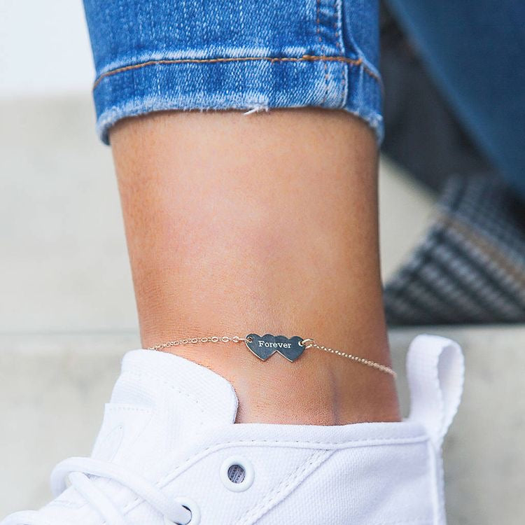 Personalized Name Anklet with Double Hearts