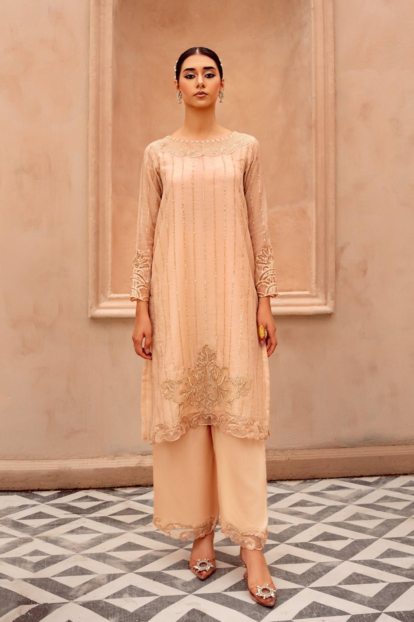 2PC - Embroidered Cotton Net Suit