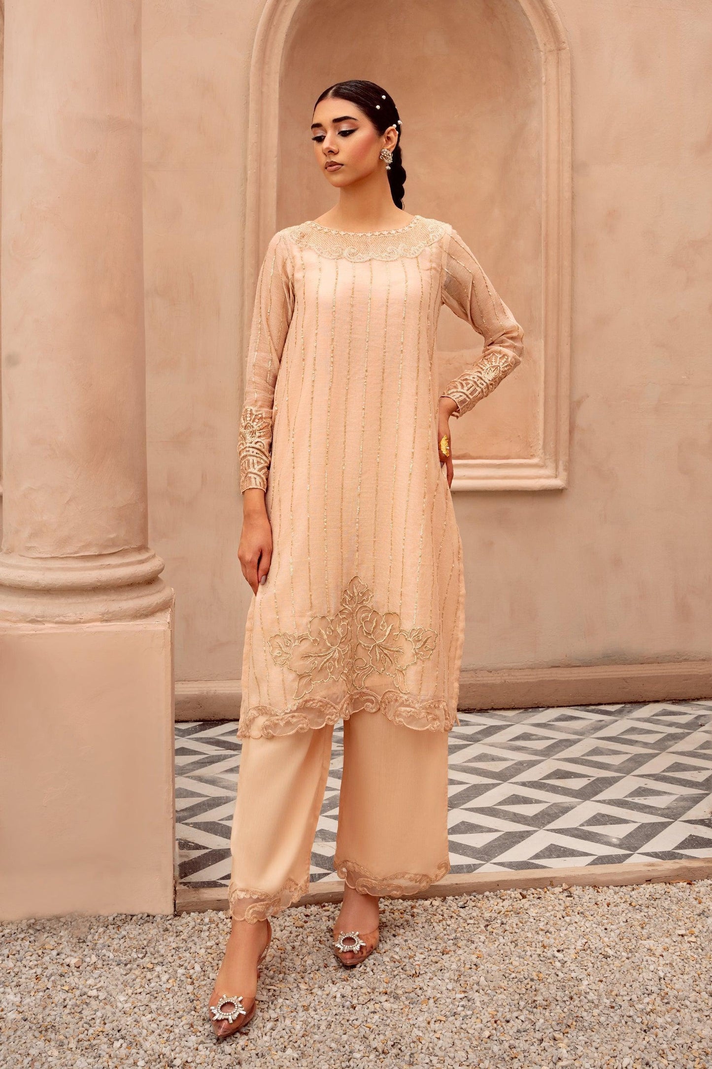 2PC - Embroidered Cotton Net Suit
