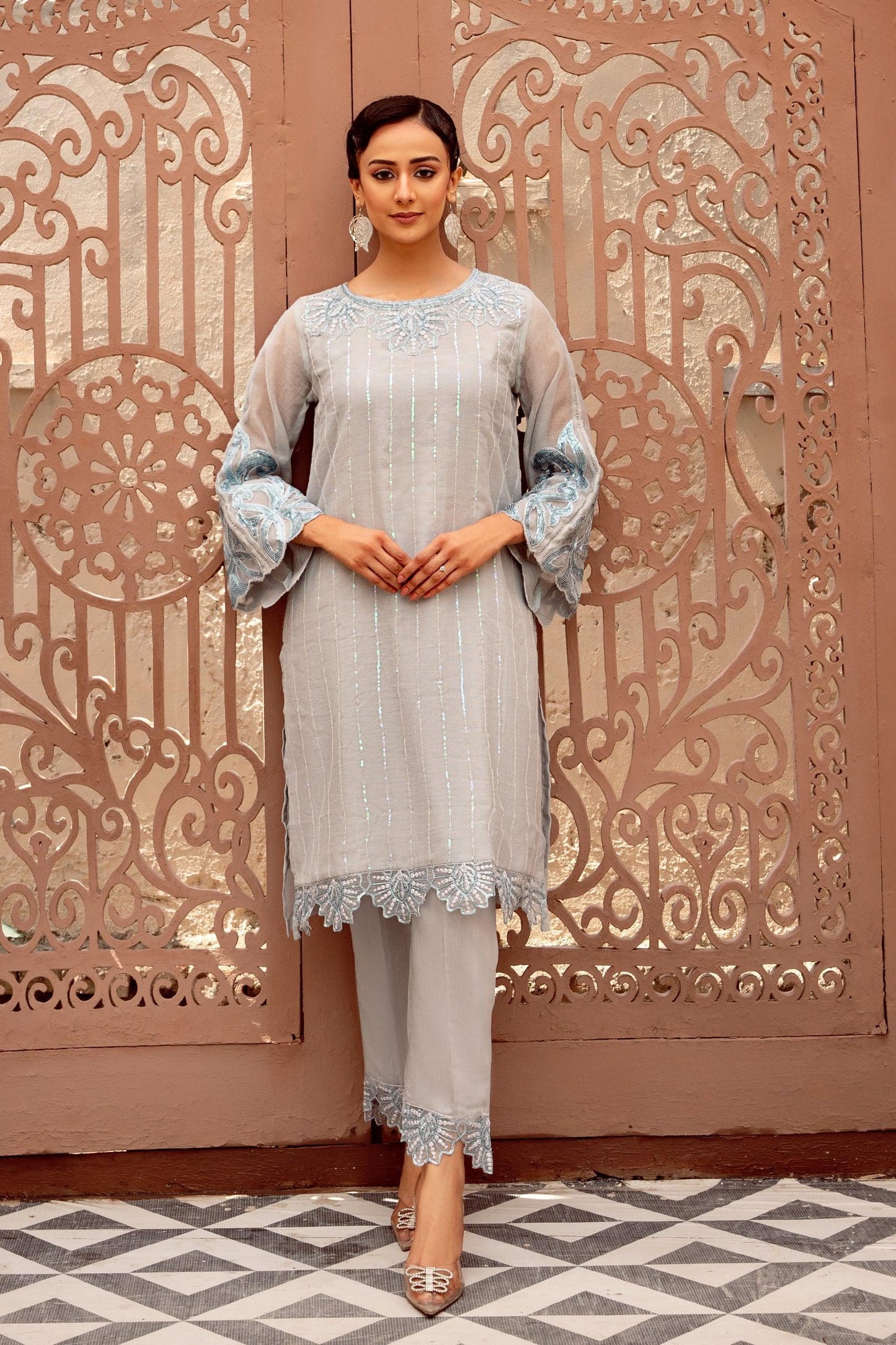 2PC - Embroidered Cotton Net Suit