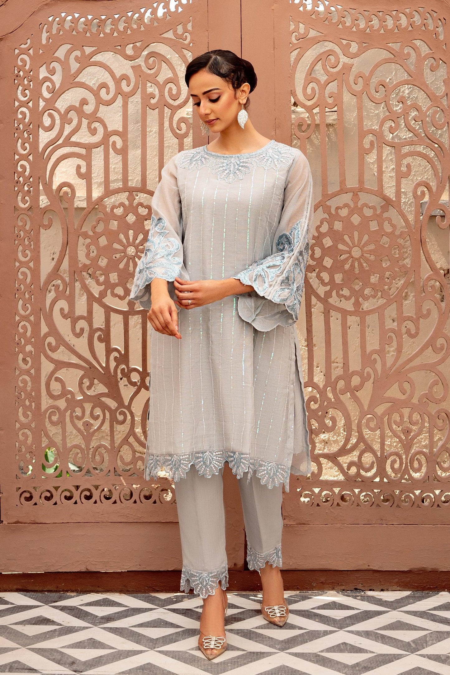 2PC - Embroidered Cotton Net Suit